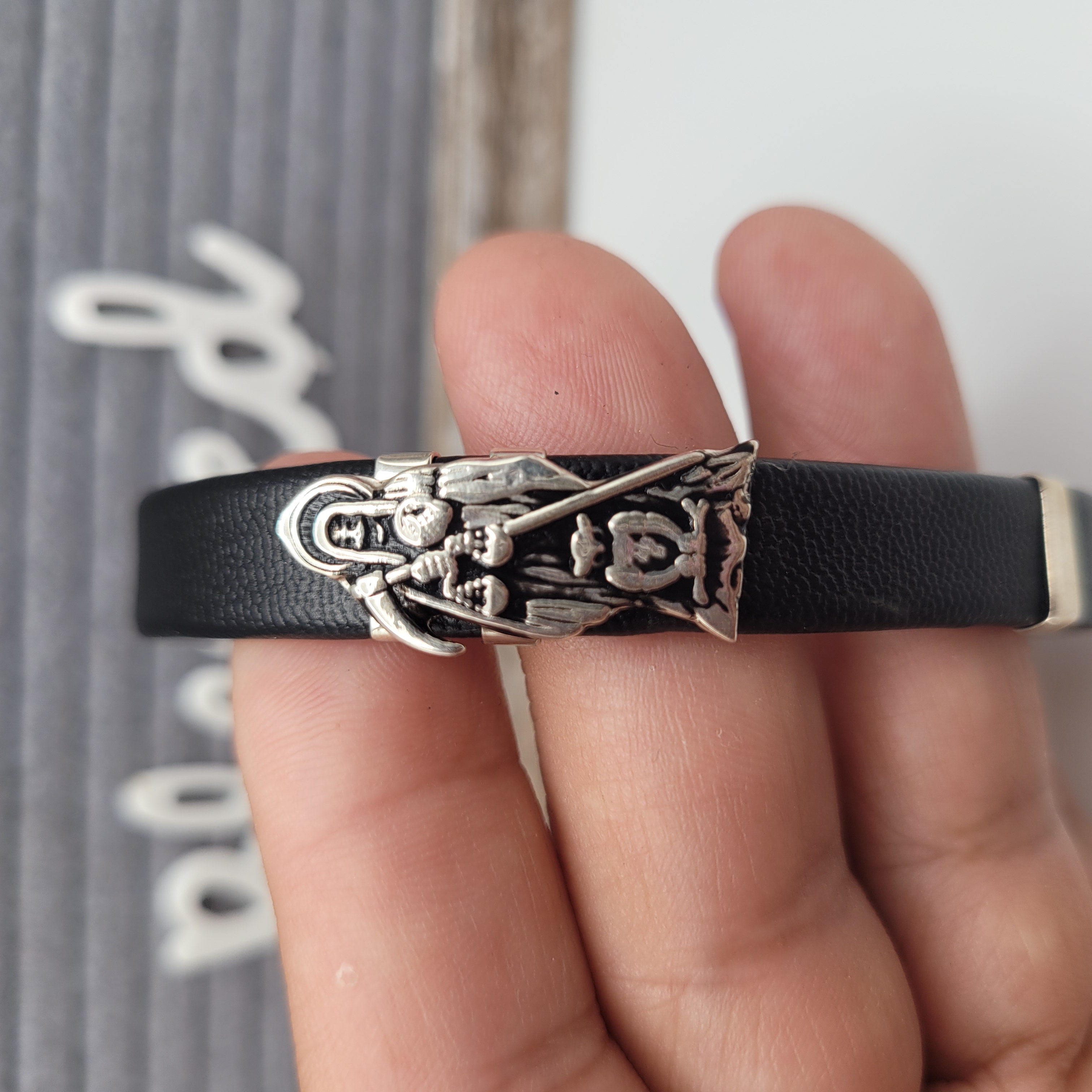 Black Leather Bracelet With Silver Saint Charm